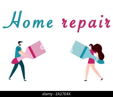 Vector illustration with people holding tools for painting works, home repair inscription. Painting, repair of premises. Building, construction, home Stock Vector