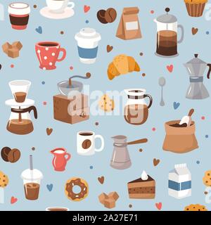 Coffee pattern, different coffee elements. Cute cartoon icons in hand drawn style on blue background Vector illustration Stock Vector