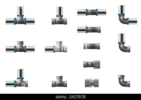 Fittings for polypropylene pipe. Vector illustration. Set of tee, angle and connector. Stock Vector