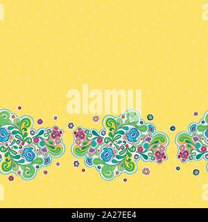 Seamless vector folk art floral retro border with hand painted water color florals on yellow dotted background. Colorful and cheerful design for birthday, wedding, mothers day and easter. Stock Vector