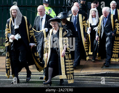 The Supreme Court Justices leaving the annual Judges Service at Westminster Abbey which marks the start of the new legal year. President of the Supreme Court of the United Kingdom, Baroness Hale of Richmond (centre) is at the front of the group. Stock Photo