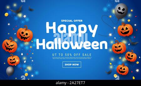 Happy Halloween website banner with scary face orange pumpkins, gold coins, bats and gold glitter elements on a blue background. Template for greeting Stock Vector