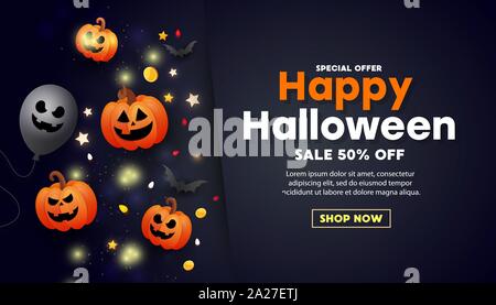Happy halloween sale banner with scary orange pumpkin face, gold coins, balloons and golden glitter elements on dark background. Template for greeting Stock Vector