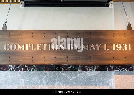 NEW YORK, USA, NOVEMBER 2016: celebratory wooden plaque for the completion of the Empire State Building in New York on May 1st 1931 Stock Photo