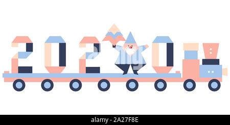 Happy new year 2020, Merry Christmas. Vector illustration with origami 2020 year numbers, Santa Claus, Christmas tree on a toy train. Festive backgrou Stock Vector