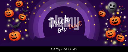 Happy Halloween trick or treat website banner with scary face orange pumpkins, gold coins, stars and gold glitter elements on a lilac background. Temp Stock Vector