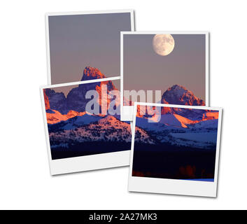 Film frames Polaroid Sunset light with alpen glow on Tetons Tetons mountains rugged with moon rising Stock Photo