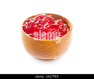 Classic Strawberry Jam in wooden bowl isolated on a White Background, Save clipping path. Stock Photo