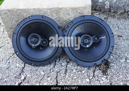 Close up of Rockford Fosgate R1653 6.5-Inch Prime Series 3 Way 160 Watt Full-range Car Speakers, Fond du Lac, Wisconsin Stock Photo