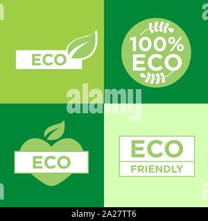 Eco friendly green badges set isolated on flat background Stock Vector