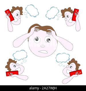 A caricature of telephone sales managers and a tired customer isolated by a white background. Stock Vector