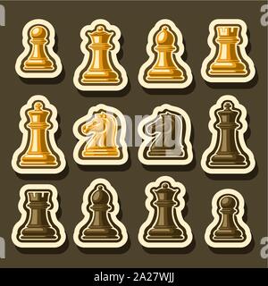 Vector set of Chess Pieces, collection of yellow and brown isolated wooden chess figures, classic king & queen, outline bishop and knight, glossy rook Stock Vector