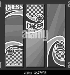Vector set of vertical monochrome banners for Chess game, in layout black and white curved backdrop for title text on chess theme, original handwritte Stock Vector