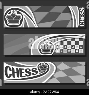 Vector monochrome banners for Chess game with copy space, in headers black & white curved checkerboard squares for title on chess theme, original font Stock Vector