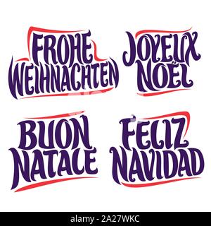 Vector set of greeting text for Christmas holidays in different language: german frohe weihnachten, french joyeux noel, italian buon natale, spanish f Stock Vector