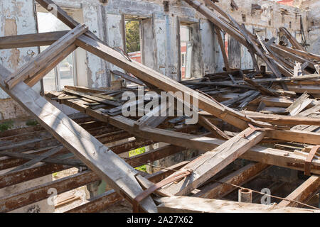 Destroyed old industrial building. Ruined house. Stock Photo
