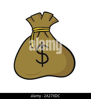 Dollar money sack. Hand drawn. Black outlines and colored. Stock Vector