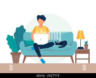 Man with laptop on the sofa. Freelance or studying concept. Cute illustration in flat style. Stock Vector