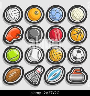 Vector set of Sports Balls, collection of sporting and gaming equipment, balls of different kinds of sports, boxing glove, hockey puck, badminton shut Stock Vector