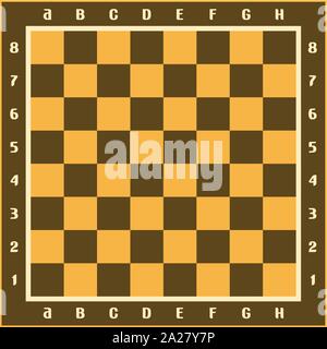 Vector illustration of classic chessboard, brown and yellow chess board with original letters and numbers, wooden checkerboard with empty squares top Stock Vector