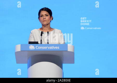 Manchester Central, Manchester, UK. 1 October 2019.  Priti Patel, Home Secretary addresses the Conservative Party Autumn Conference. . Picture by Julie Edwards./Alamy Live News Stock Photo