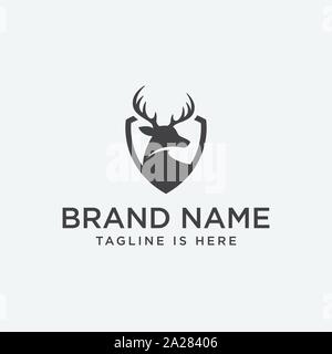 Deer and shield logo design template. deer head logo icon, deer shield icon design illustrtion, impala icon Stock Vector