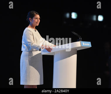 Manchester, UK. 01st Oct, 2019. MANCHESTER, UK. Home Secretary Priti Patel delivers her keynote seech at the Conservative Party conference in Manchester. Credit: Dave Johnston/Alamy Live News Stock Photo