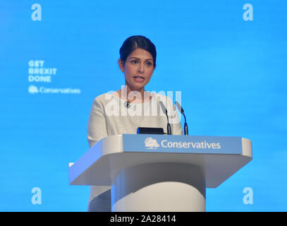 Manchester, UK. 01st Oct, 2019. MANCHESTER, UK. Home Secretary Priti Patel delivers her keynote seech at the Conservative Party conference in Manchester. Credit: Dave Johnston/Alamy Live News Stock Photo