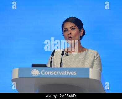 Manchester, UK. 01st Oct, 2019. MANCHESTER, UK. Home Secretary Priti Patel delivers her keynote seech at the Conservative Party conference in Manchester. Credit: Dave Johnston/Alamy Live News Stock Photo