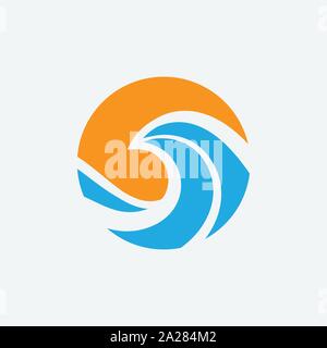 sea logo design template, sea and wafe circular logo icon illustration, sunset logo, beach icon symbol Stock Vector