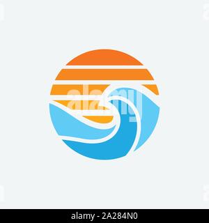sea logo design template, sea and wafe circular logo icon illustration, sunset logo, beach icon symbol Stock Vector