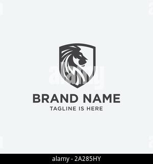 lion shield luxury logo icon, elegant lion shield logo design illustration, lion head, lion shield symbol Stock Vector