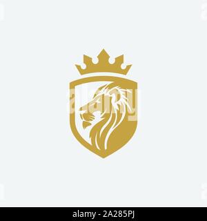lion shield luxury logo icon, elegant lion shield logo design illustration, lion head with crown logo, lion shield symbol Stock Vector