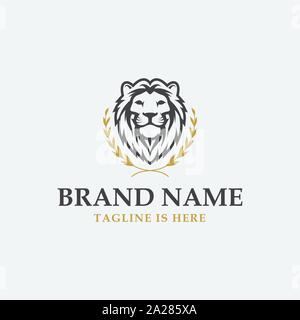 lion luxury logo icon template, elegant lion logo design illustration, lion head with crown logo, lion elegant symbol Stock Vector