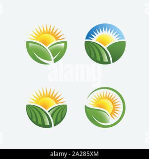 farm logo design illustration, agriculture design set template, farming label design pack, green farming icon, organic icon set Stock Vector