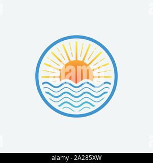 sea logo linear design template, sea and wafe circular logo icon illustration, sunset linear logo, beach icon symbol Stock Vector