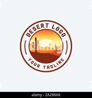 Desert landscape logo with cactus, mountain desert vector template, company logo, logo product label Stock Vector