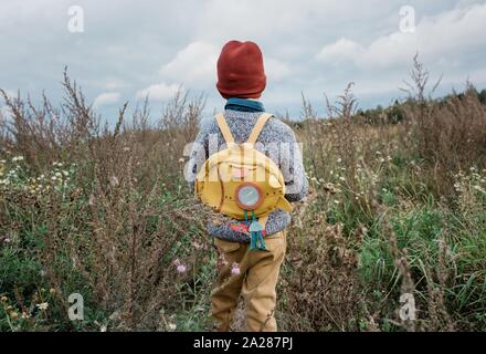 back of a young school boy looking at a field of wild flowers thinking Stock Photo
