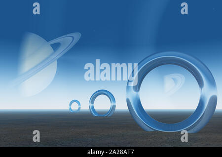 Planets with planetary belts. Portals in the arid land. 3D rendering Stock Photo