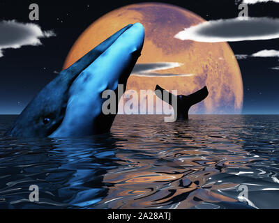 Sci fi digital art. Whale in exoplanet ocean Stock Photo