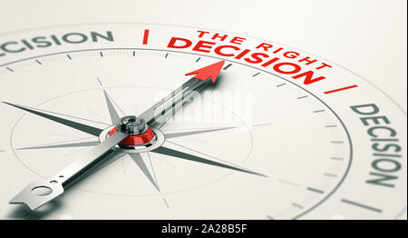 Conceptual compass with needle pointing the right decision. Business judgement concept. 3D illustration. Stock Photo