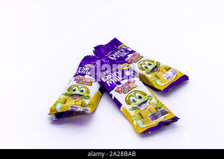 Three Cadbury Freddo caramel chocolate bars, wrapped. UK Stock Photo