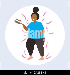 fat obese woman cooking pancakes in frying pan unhealthy nutrition obesity concept overweight african american girl preparing breakfast flat full Stock Vector