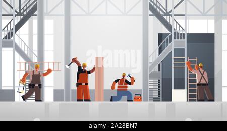 builders using hammer and ladder busy workmen carpenters team in uniform working together building concept construction site interior flat full length Stock Vector