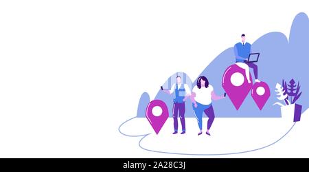 people using gadgets online navigation app concept men women near location markers geo tags gps pointers sketch full length horizontal Stock Vector