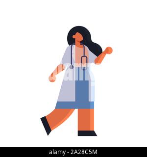 female doctor in white coat standing pose medicine healthcare concept hospital medical clinic worker with stethoscope full length white background Stock Vector