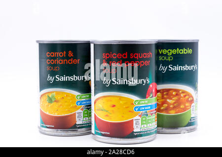 Three tins, cans of Sainsburys soups. UK Stock Photo