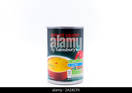 Tin, can of Sainsburys own brand 'spiced squash & red pepper' soup. UK Stock Photo