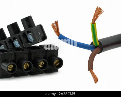 Close up of a electric cable with luster terminal, strip on white background Stock Photo