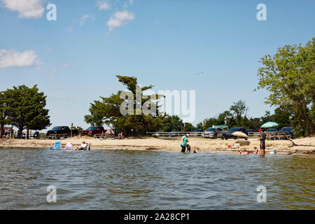 beach scene, sand, people, relaxing, in water, vehicles parked, trees, picnic taqbles; Sinepuxent Bay; Assateague Island National Seashore; USA; Berli Stock Photo